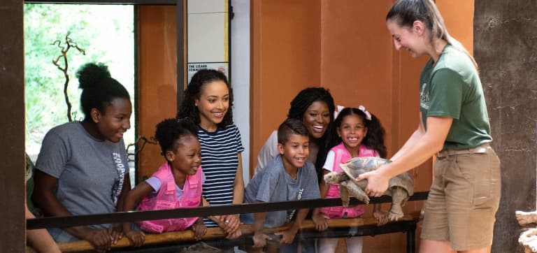 zooamerica emplyee showing a turtle to a group of students