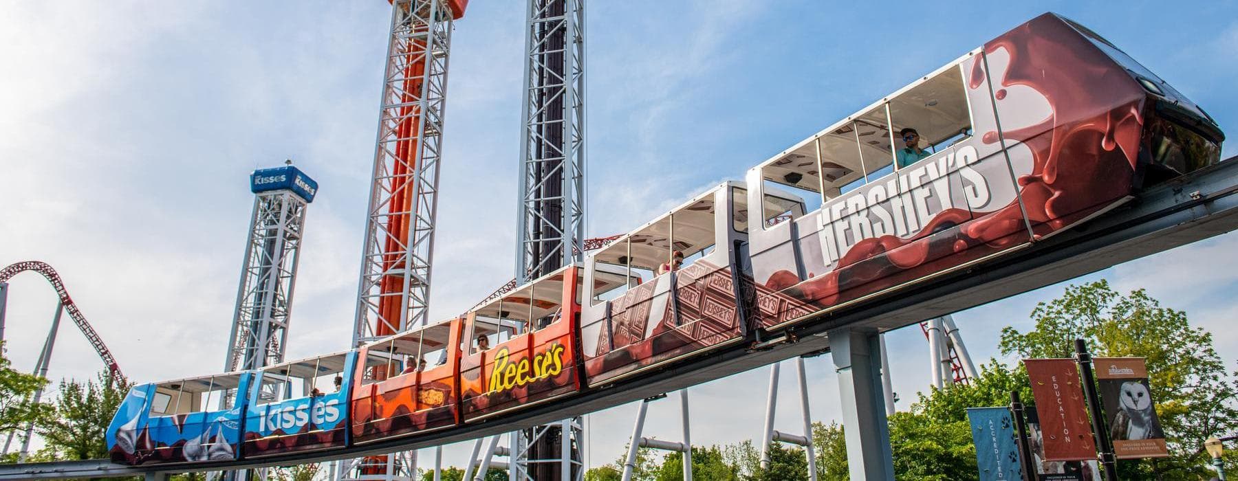 The Monorail at Hersheypark with Hershey Chocolate logos on side