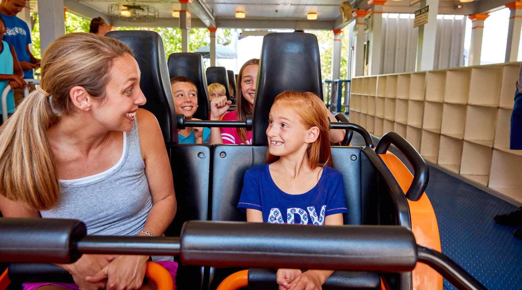 Mom and Daughter excited to ride the Sooper Dooper Looper Roller Coaster