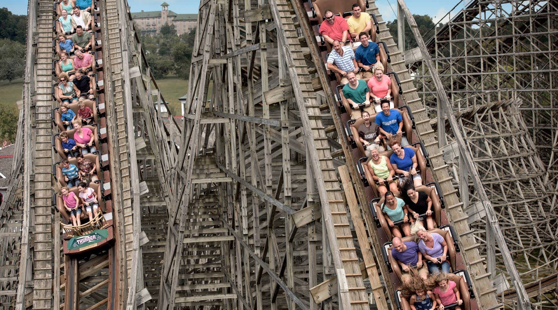 People on Lightning Racer Wooden Roller Coaster