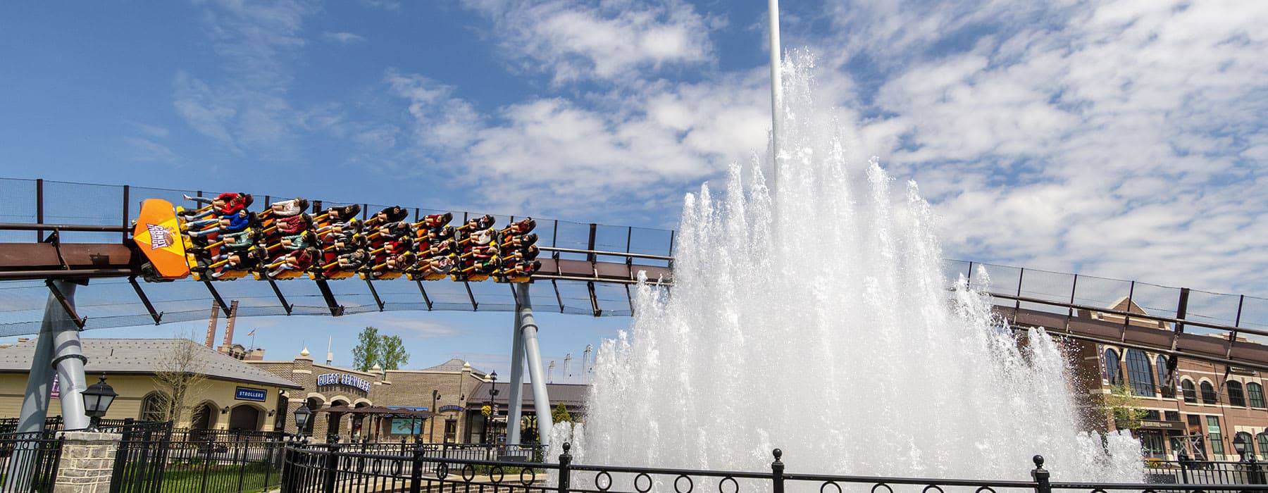 Candymonium behind the fountain at park opening.