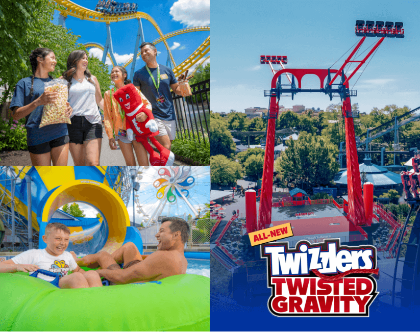 Family walking through Hersheypark, kid and adult in waterpark, and a shot of a rollercoaster at Hersheypark